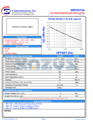 SMV2015A datasheet - LOW COST - HIGH PERFORMANCE VOLTAGE CONTROLLED OSCILLATOR