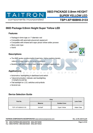 TSP1-XF1608H8-3133 datasheet - 0603 PACKAGE 0.8mm HEIGHT SUPER YELLOW LED