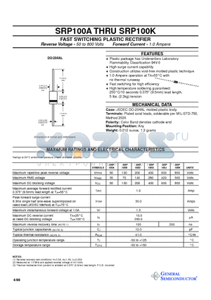 SRP100 datasheet - FAST SWITCHING PLASTIC RECTIFIER