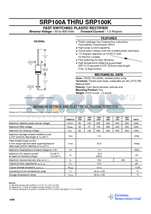 SRP100A datasheet - FAST SWITCHING PLASTIC RECTIFIER