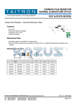 RCF1W20J-52-TR20 datasheet - Carbon Film Resistor  Normal & Miniature Style