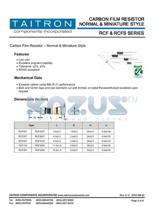 RCF2W20J-52-TR20 datasheet - Carbon Film Resistor  Normal & Miniature Style