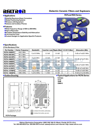 RCFA1-836BP2 datasheet - Dielectric Ceramic Filters and Duplexers