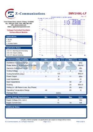 SMV2100L-LF_10 datasheet - Voltage-Controlled Oscillator Surface Mount Module