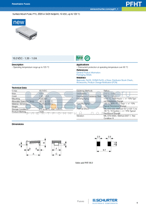 PFHT datasheet - Surface Mount Fuse, PTC, 2029 or 3425 footprint, 16 VDC, up to 125 `C