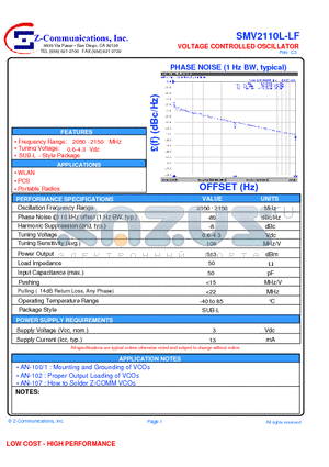 SMV2110L-LF datasheet - VOLTAGE CONTROLLED OSCILLATOR