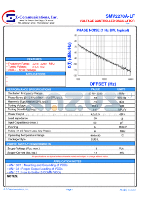 SMV2278A-LF datasheet - VOLTAGE CONTROLLED OSCILLATOR