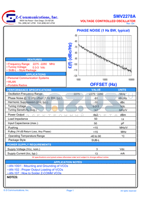 SMV2278A datasheet - VOLTAGE CONTROLLED OSCILLATOR
