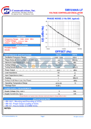 SMV2300A-LF datasheet - VOLTAGE CONTROLLED OSCILLATOR