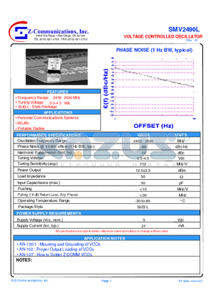 SMV2490L datasheet - LOW COST - HIGH PERFORMANCE VOLTAGE CONTROLLED OSILLATOR