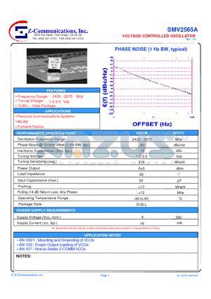 SMV2565A datasheet - LOW COST - HIGH PERFORMANCE VOLTAGE CONTROLLED OSCILLATOR