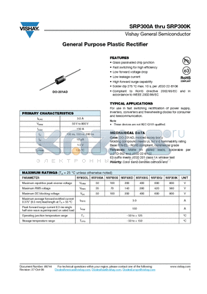 SRP300J-E3-73 datasheet - General Purpose Plastic Rectifier