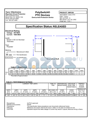 SRP350 datasheet - PolySwitch^PTC Devices