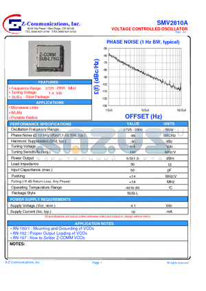 SMV2810A datasheet - LOW COST - HIGH PERFORMANCE VOLTAGE CONTROLLED OSCILLATOR