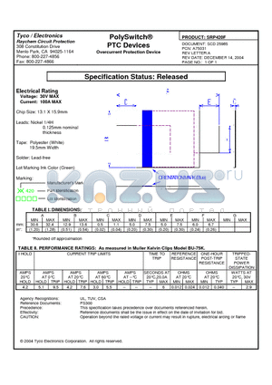 SRP420F datasheet - PolySwitch^PTC Devices Overcurrent Protection Device