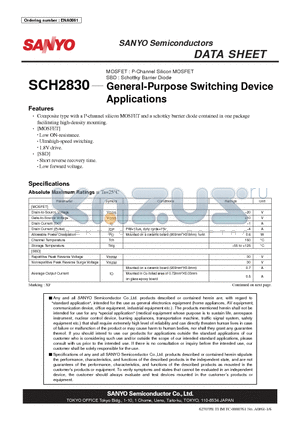 SCH2830 datasheet - MOSFET : P-Channel Silicon MOSFET SBD : Schottky Barrier Diode General-Purpose Switching Device