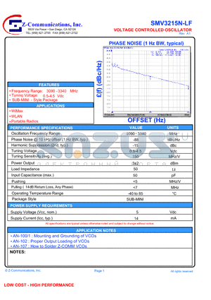 SMV3215N-LF datasheet - VOLTAGE CONTROLLED OSCILLATOR