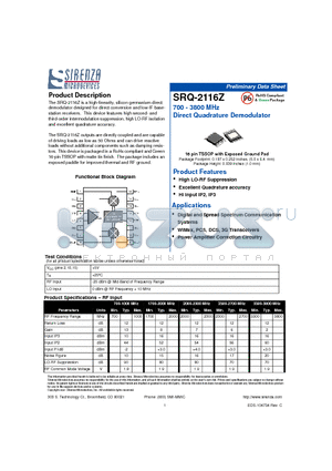 SRQ-2116Z datasheet - 700-3800 MHz Direct Quadrature Demodulator
