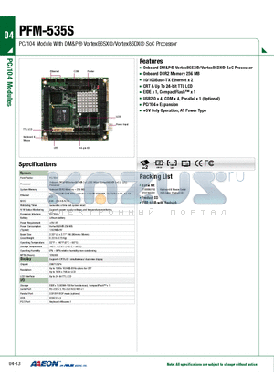 PFM-535S datasheet - PC/104 Module With DM&P Vortex86SX/Vortex86DX SoC Processor