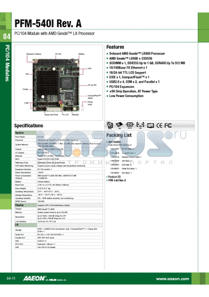 PFM-540I-REVA datasheet - PC/104 Module with AMD Geode Tm LX Processor