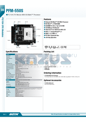 PFM-550S datasheet - Onboard VIA Mark 533 MHz Processor