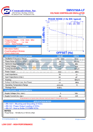 SMV5750A-LF datasheet - VOLTAGE CONTROLLED OSCILLATOR