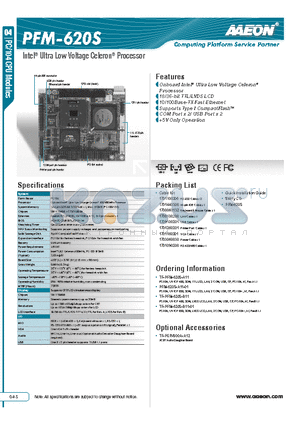PFM-620S datasheet - Onboard Intel^ Ultra Low Voltage Celeron^Processor