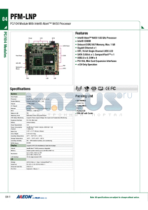 PFM-LNP datasheet - PC/104 Module With Intel Atom N450 Processor