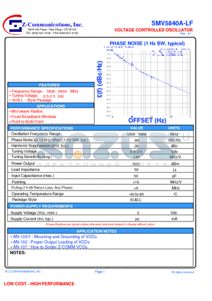 SMV5840A-LF datasheet - VOLTAGE CONTROLLED OSCILLATOR