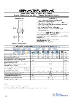SRP600B datasheet - FAST SWITCHING PLASTIC RECTIFIER