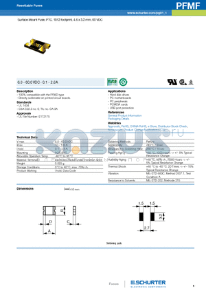 PFMF datasheet - Surface Mount Fuse, PTC, 1812 footprint, 4.6 x 3.2 mm, 60 VDC