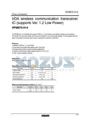 RPM870-H14 datasheet - IrDA wireless communication transceiver IC (supports Ver. 1.2 Low Power)