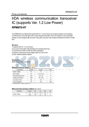 RPM870-H7 datasheet - IrDA wireless communication transceiver IC (supports Ver. 1.2 Low Power)