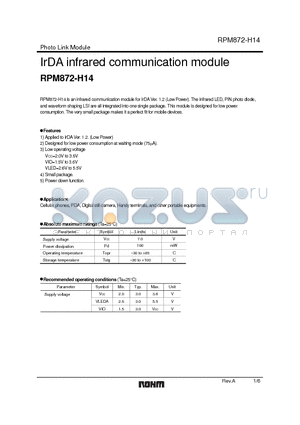 RPM872-H14 datasheet - IrDA infrared communication module