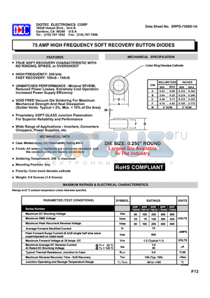 SRP7506S datasheet - 75 AMP HIGH FREQUENCY SOFT RECOVERY BUTTON DIODES