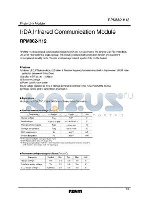 RPM882-H12 datasheet - IrDA Infrared Communication Module