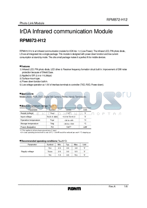 RPM872-H12 datasheet - IrDA Infrared communication Module