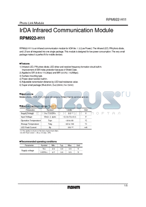 RPM922-H11 datasheet - IrDA Infrared Communication Module