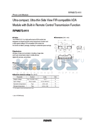 RPM973-H11 datasheet - Ultra-compact, Ultra-thin Side View FIR-compatible IrDA Module with Built-in Remote Control Transmission Function