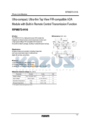 RPM973-H16 datasheet - Ultra-compact, Ultra-thin Top View FIR-compatible IrDA Module with Built-in Remote Control Transmission Function