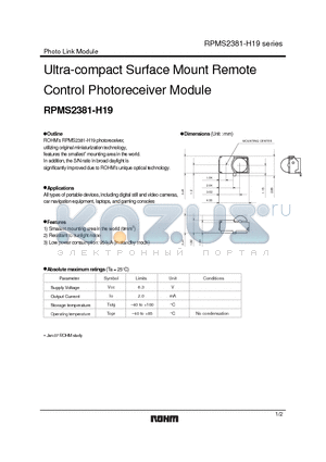 RPMS2381-H19 datasheet - Ultra-compact Surface Mount Remote Control Photoreceiver Module