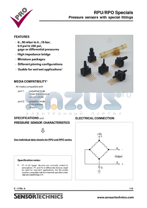 RPOB001G2B datasheet - Pressure sensors with special fittings