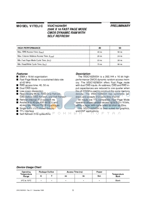 V53C16256 datasheet - 256K X 16 FAST PAGE MODE CMOS DYNAMIC RAM WITH SELF REFRESH