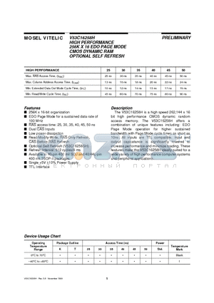 V53C16258HK50 datasheet - HIGH PERFORMANCE 256K X 16 EDO PAGE MODE CMOS DYNAMIC RAM OPTIONAL SELF REFRESH