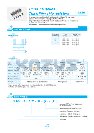 PFR05R-102-D datasheet - PFR/GFR series, Thick Film chip resistors