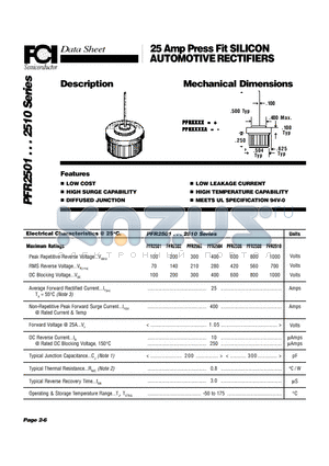 PFR2503 datasheet - 25 Amp Press Fit SILICON AUTOMOTIVE RECTIFIERS