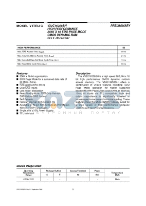 V53C16258SHT50 datasheet - HIGH PERFORMANCE 256K X 16 EDO PAGE MODE CMOS DYNAMIC RAM SELF REFRESH