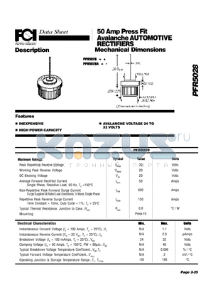 PFR5028 datasheet - 50 Amp Press Fit Avalanche AUTOMOTIVE RECTIFIERS