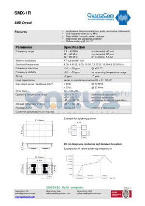 SMX-1R datasheet - SMD Crystal High reliable, hermetic sealed package