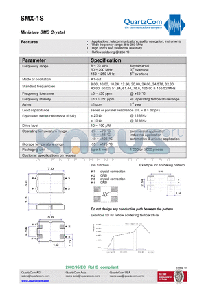 SMX-1S datasheet - Miniature SMD Crystal High shock and vibrational resistivity